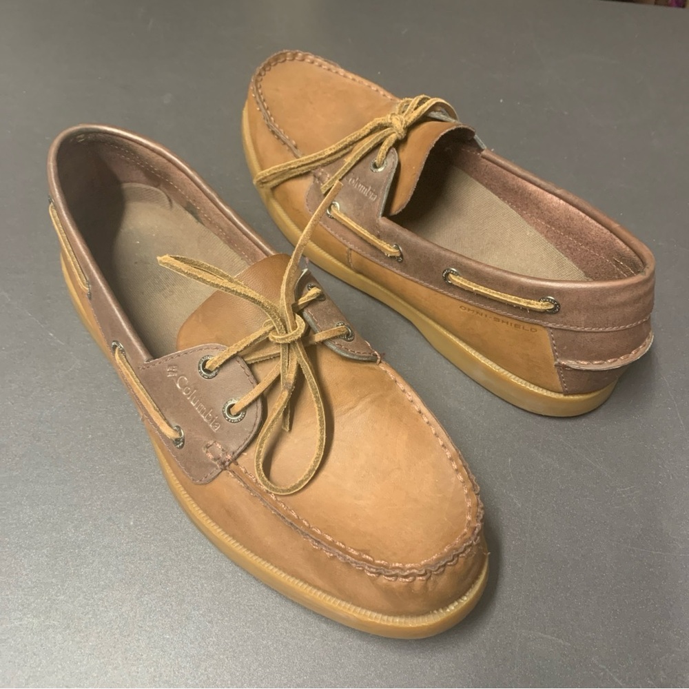 Columbia Men's Leather Boat Shoes Omni-Shield Brown Size 10.5